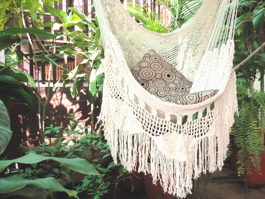 Hammock Chair — White Cotton Hanging Chair with Fringe & Wooden Bar