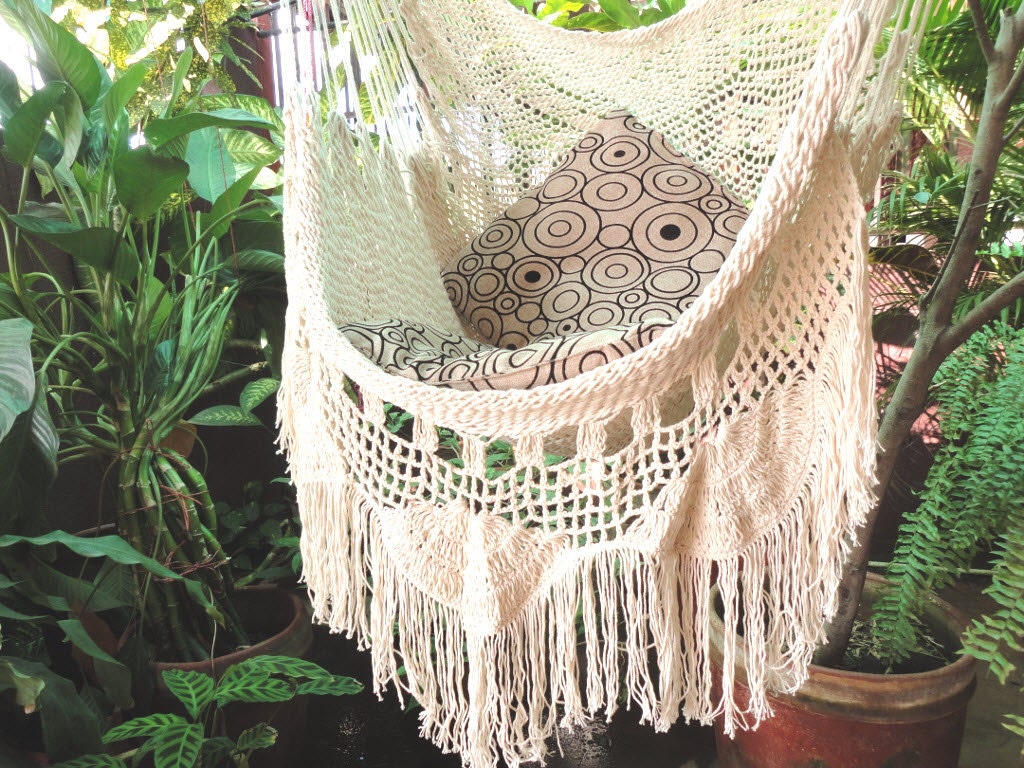 Hammock Chair — White Cotton Hanging Chair with Fringe & Wooden Bar