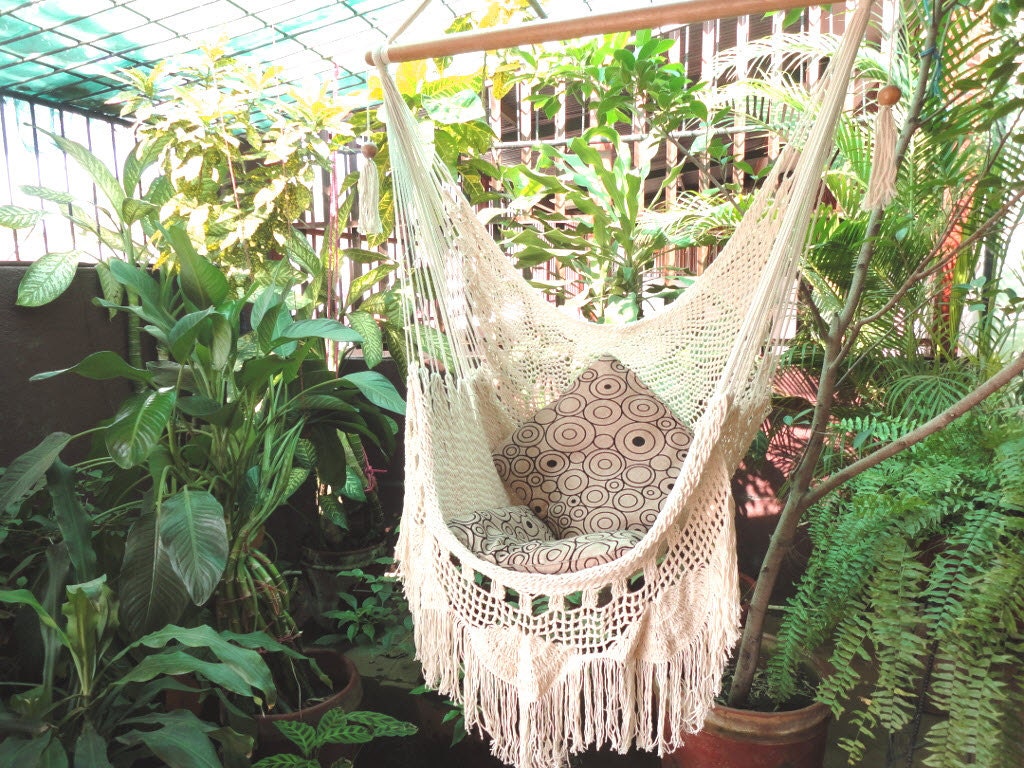 Hammock Chair — White Cotton Hanging Chair with Fringe & Wooden Bar