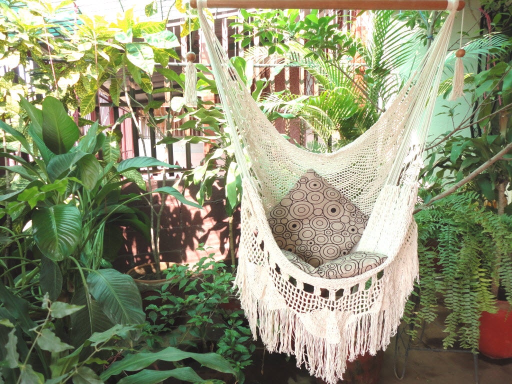 Hammock Chair — White Cotton Hanging Chair with Fringe & Wooden Bar