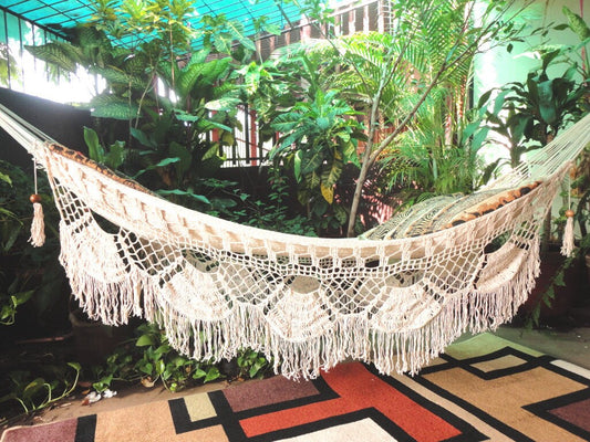 Beige Boho Single Hammock — 100% Cotton Hand-Woven (Shipping Included)