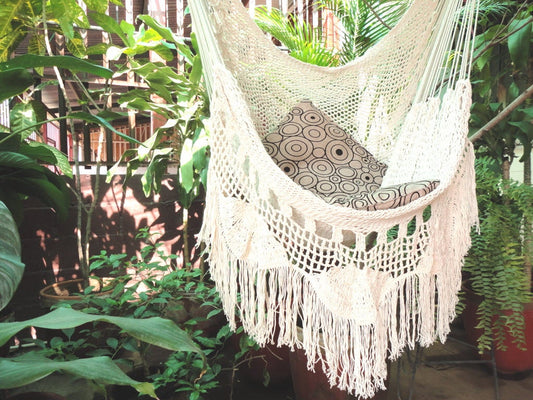 Hammock Chair — White Cotton Hanging Chair with Fringe & Wooden Bar