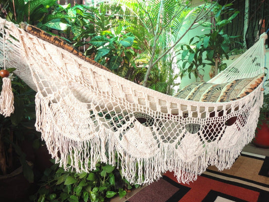 Beige Boho Single Hammock — 100% Cotton Hand-Woven (Shipping Included)
