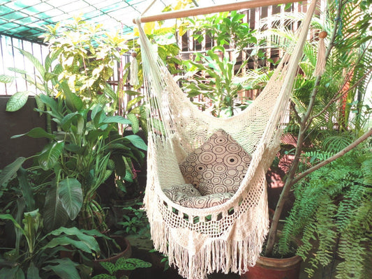 Hammock Chair — White Cotton Hanging Chair with Fringe & Wooden Bar