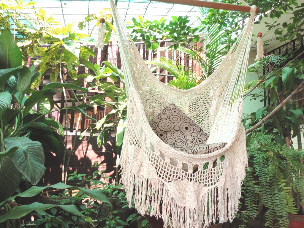 Hammock Chair — White Cotton Hanging Chair with Fringe & Wooden Bar