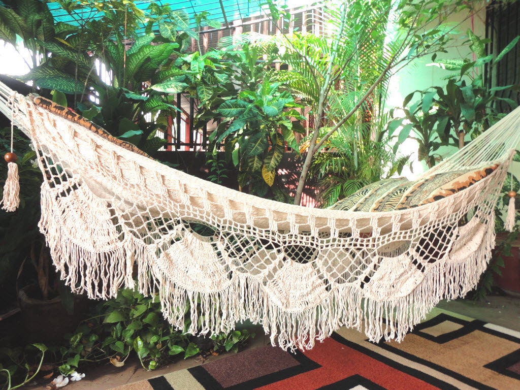 Beige Boho Single Hammock — 100% Cotton Hand-Woven (Shipping Included)